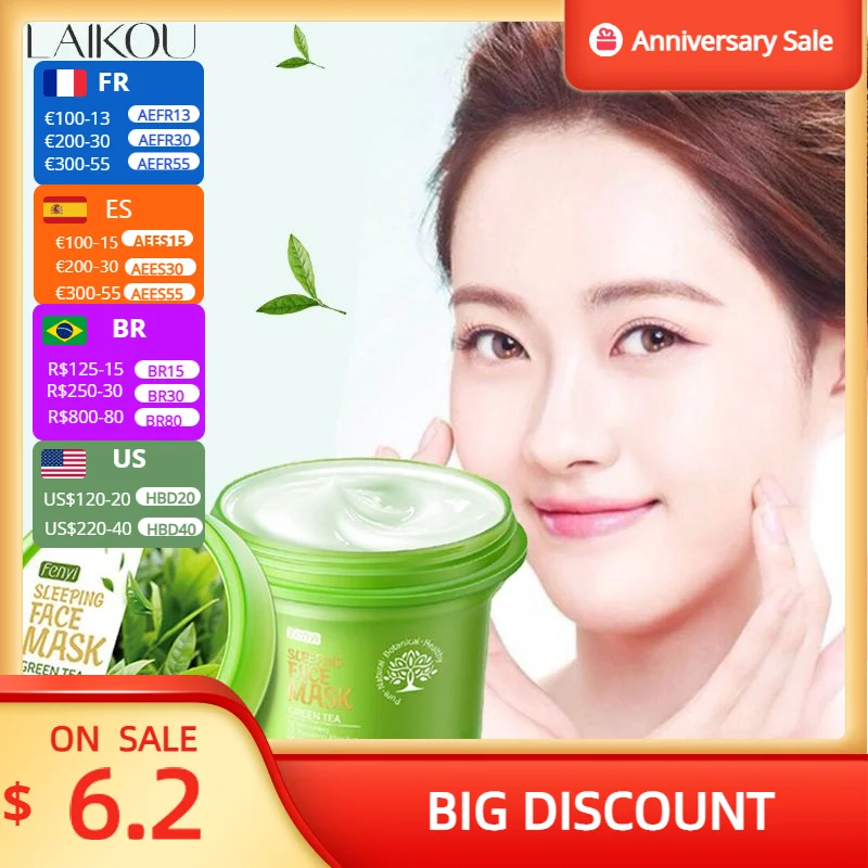 

Green Tea Sleeping Face Mask Moisturizing Oil Control Acne Treatment Shrink Pores All Night Hydrating Wash Free Repair Purifies