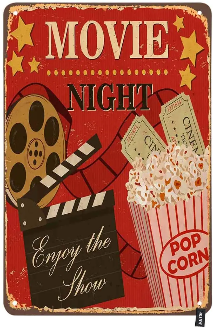 

Movie Night Poster Tin Sign Enjoy the Show with Popcorn Red Background Vintage Metal Tin Signs for Men Bars Clubs Cafes