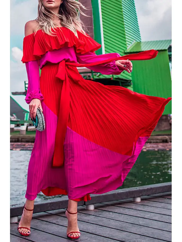 

Slash Neck Women Red Color Pleated Dress Ruffed With Sashes Off Shoulder Slash Neck Casual Style Summer Long Dresses Clothes