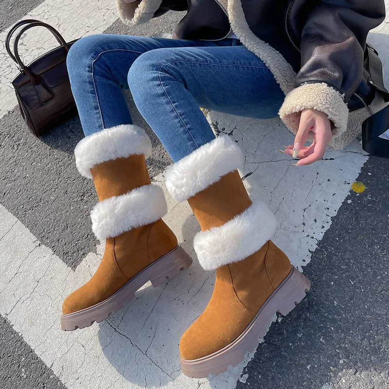 

Winter New Women Boots Designer Shoes Fur Keep Warm Snow Boots Non-slip Thick Bottom Concise Mid Calf Boots Fashion Botas Mujer