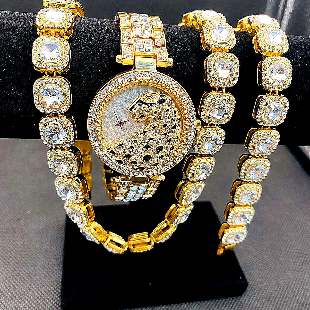 3pcs Iced Out Watches for Women Gold Leopard Watch Diamound Tennis Chains Bracelet Necklace Bling CZ Jewelry for Women Set Watch