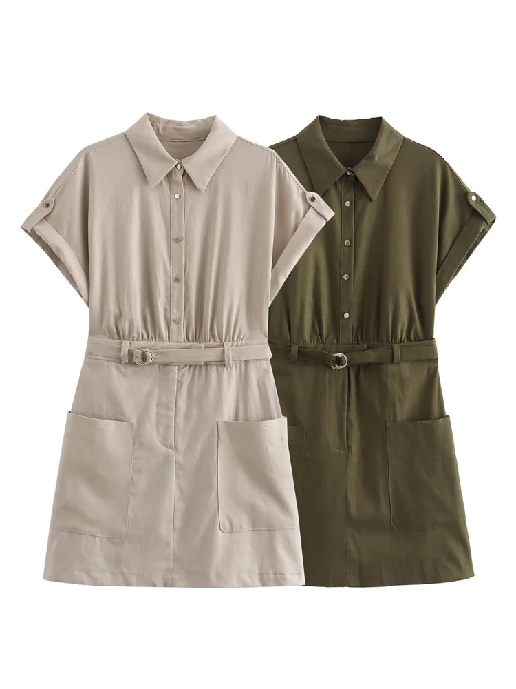 Мини-платье KAOPU ZA женское с поясом приталенная рубашка накладным карманом