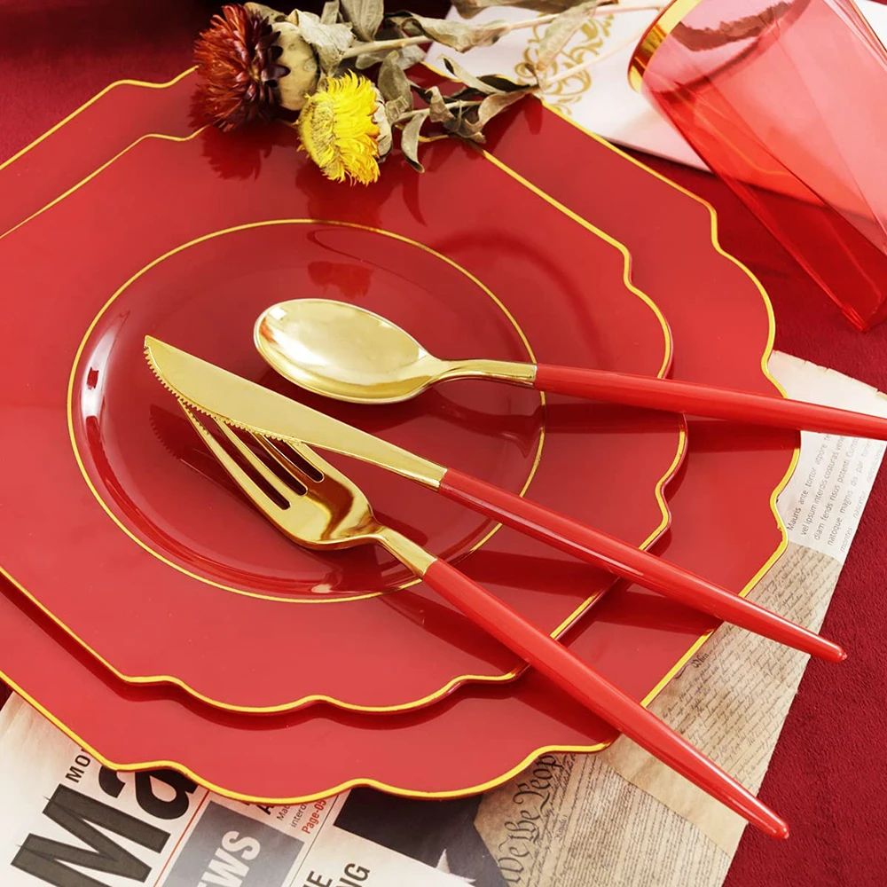 70PCS Disposable Cutlery Red Gold Edge Plastic Plate Cup Napkin Combo Set Birthday Party Wedding Decorations Reusable10 Person