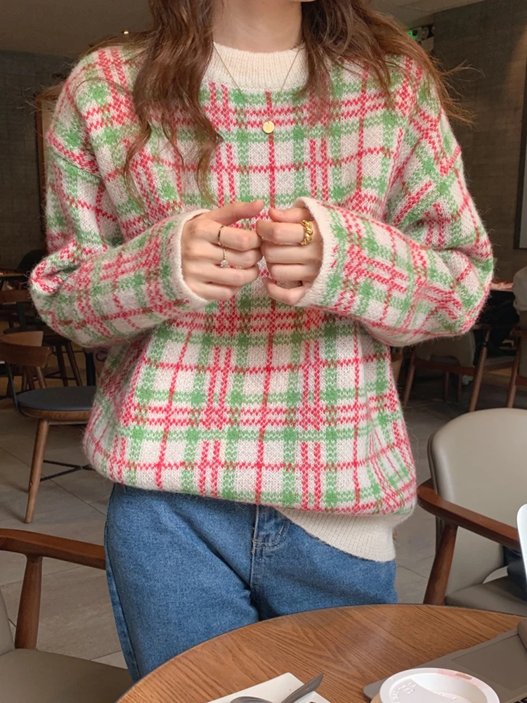 

Retro Plaid Sweater Winter O Neck Long Sleeve Loose Casual Tops Apricot Khaki Knitwear Female 2023 New Autumn Pullovers Poncho