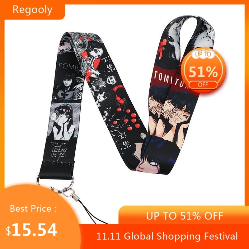 

30pcs Horror Girl Tomie Lanyard for Keys Phone Cool Neck Strap Lanyard for Camera Whistle ID Badge Cute webbings ribbons Gifts