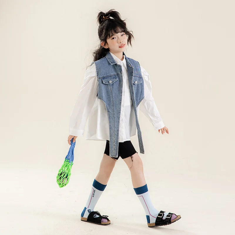 

Белая рубашка для девочек, топы в Корейском стиле для подростков, Стильная джинсовая рубашка для детей от 12 до 14 лет на весну и осень