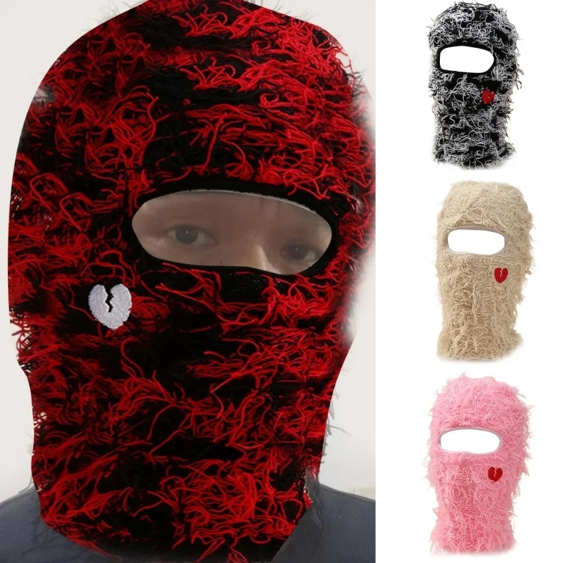 

Y2K Balaclava Hat Unisex Beanie Hat with Embroidery Rose Autumn and Winter Messy Fringes Photo Props Versatile Halloween