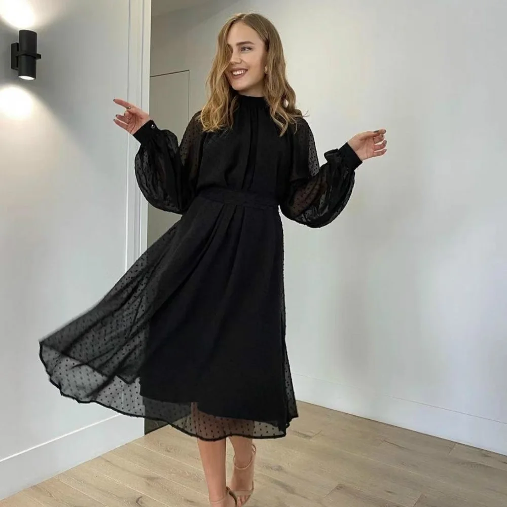 

2022 Elegant Dot Midi Dress Slim Women Long Lantern Sleeve Temperament Dresses Sexy Gauze Perspective Big Swing Solid Dress