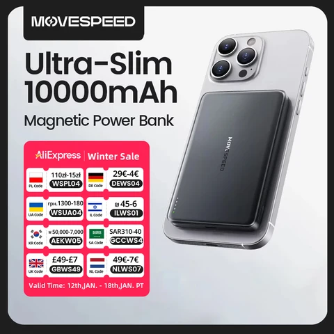 MOVESPEED S10 Тонкий магнитный внешний аккумулятор 10000 мАч PD20W Портативное зарядное устройство Беспроводной внешний аккумулятор для iPhone 16 Samsung Powerbank