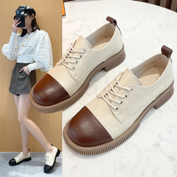 

The First Layer Of Leather Small Leather Shoes 2022 All-match Leather Women Shoes Single Shoes Women Thick Heel Round Toe Loafer