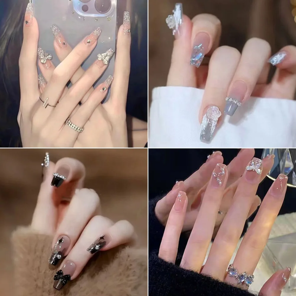 

New Popular Nail Patch Removable Nail Patch Long and Short Sparkling Pink Bow Knot Popular Girl Whitening False Nail 24 Pieces