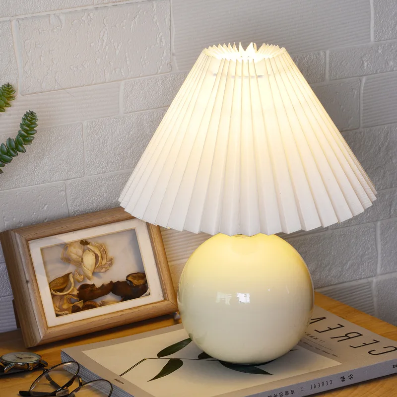 

Ceramic Small Night Lamp Modern Study Bedroom Bedside Simple Lighting Wedding Creative Pleated Led Table Lamp Cottagecore Decor
