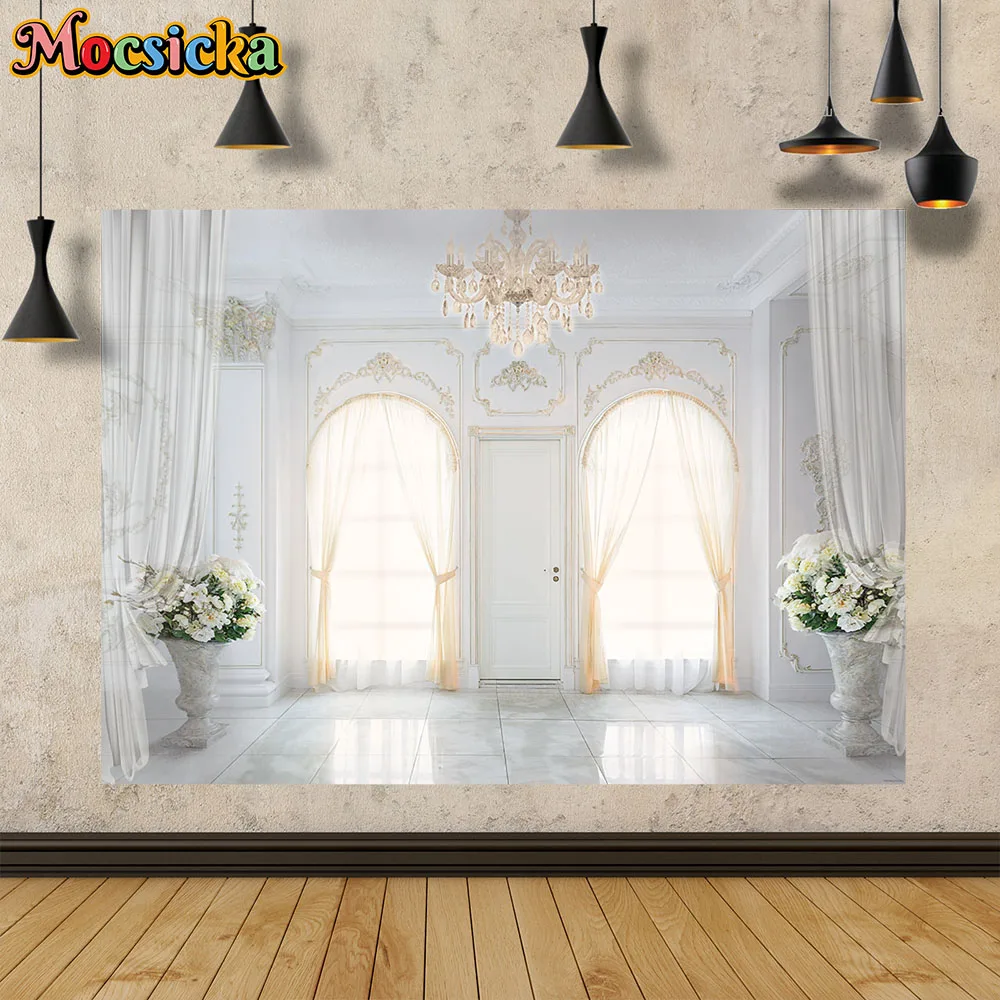 

White Wedding Hall Decor Photography Background Window Curtain Flower Bed Backdrop Prop Wallpaper Studio Bridal Shower Photozone