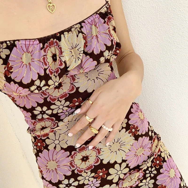 

Women Summer Cottagecore Floral Print Sleeveless Mesh Short Dress Bodycon Strap Y2K Backless Double Layer Dress Retro Streetwear