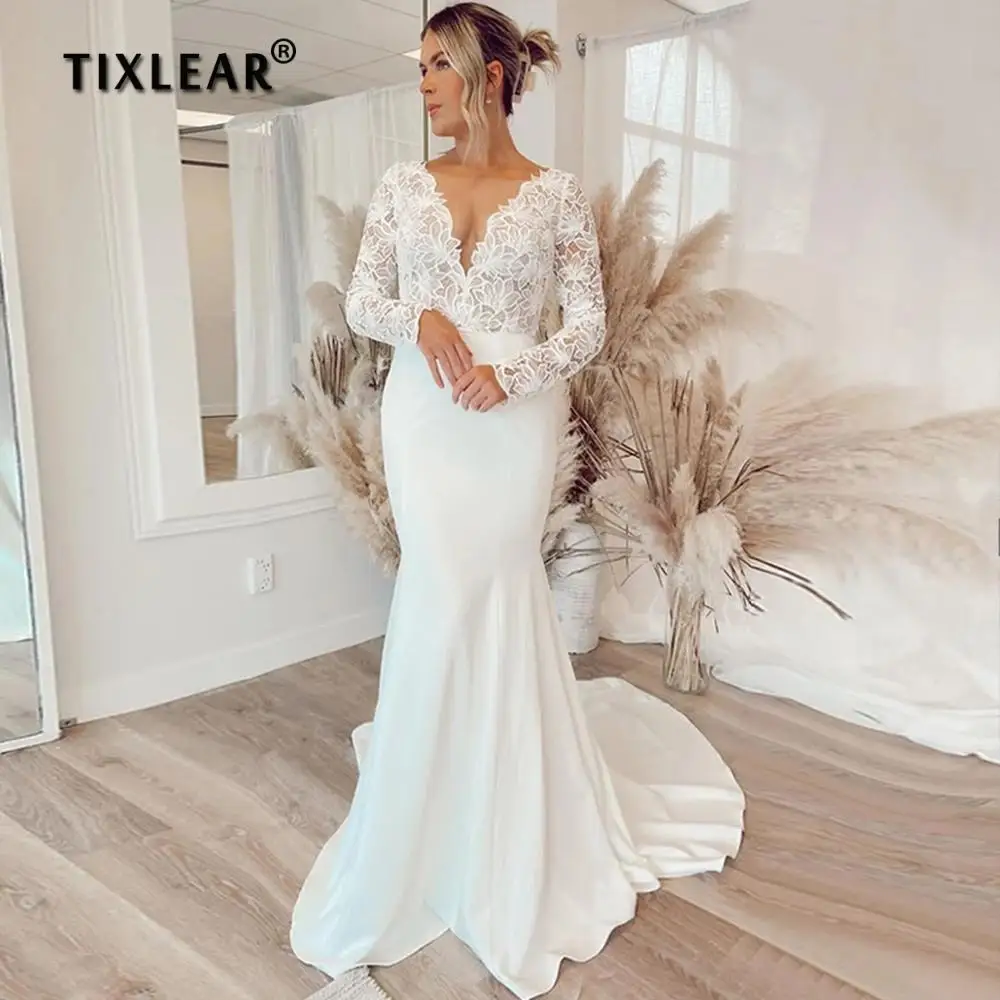 

TIXLEAR Bohemian Simple Mermaid Wedding Dress 2022 Elegant V Neck Long Sleeves Appliques Satin Bridal Gowns Vestidos De Novia