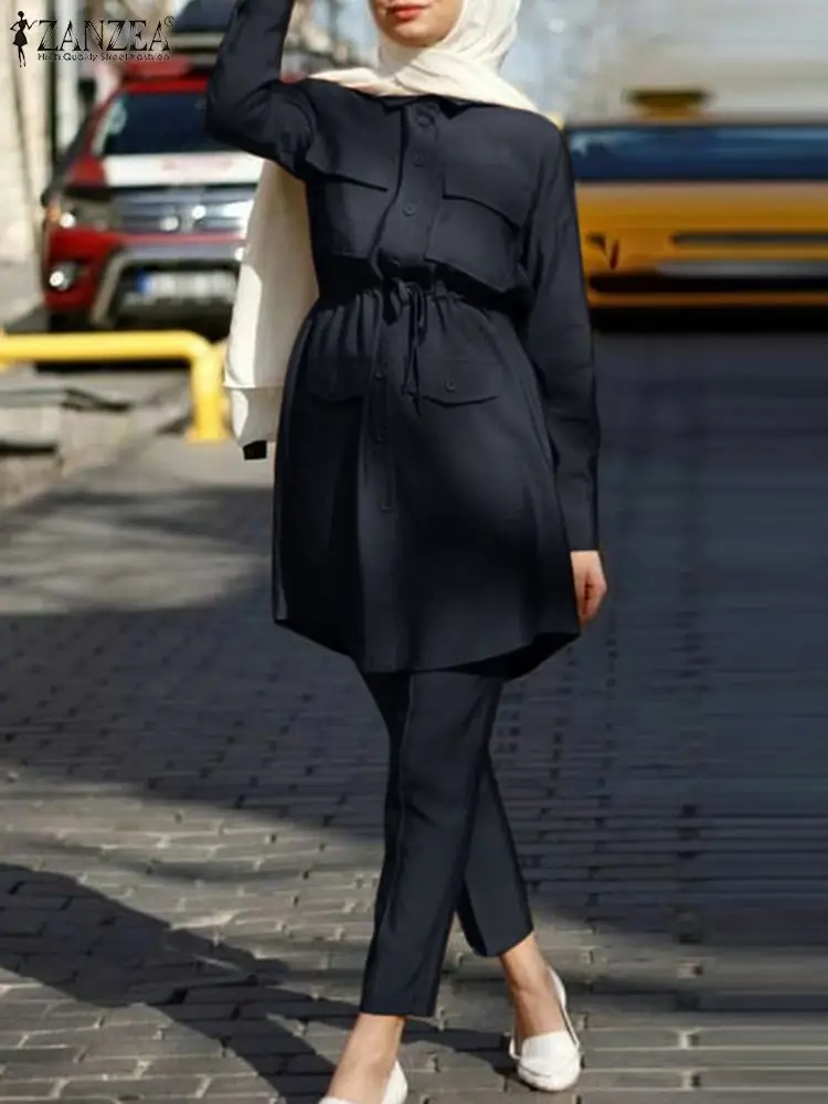 

ZANZEA Solid Color Lapel Tunic Tops Drawstring Pant Women Islamic Clothing Muslim Suit Casual Vintage Party Sets Abaya Kaftan