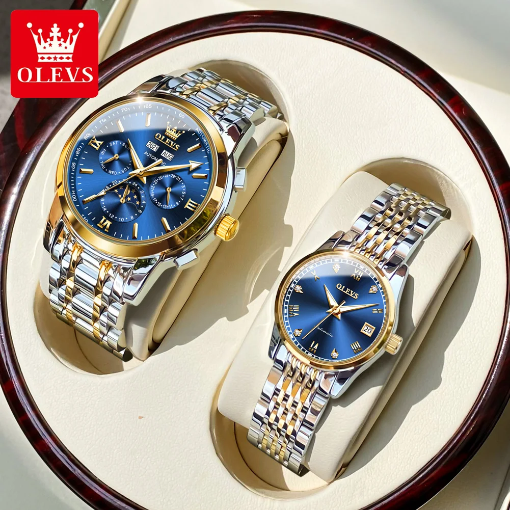 

OLEVS Luxury Stainless Steel Couple's Self-winding Mechanical Watches Moon-phase Calendar Waterproof Lover's Automatic Watches