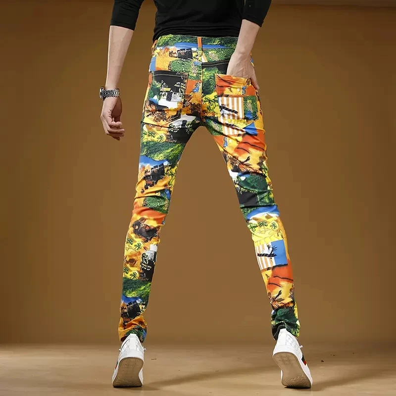 Men Digital Printing Jeans Mens Casual Pants Ancient Desert City Printed Cotton Slim Fit Straight Denim Trousers