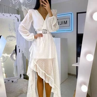 2022 new women lantern sleeve dress waist tight long white dot prom lace v neck splice ladies chic elegant party designer luxury