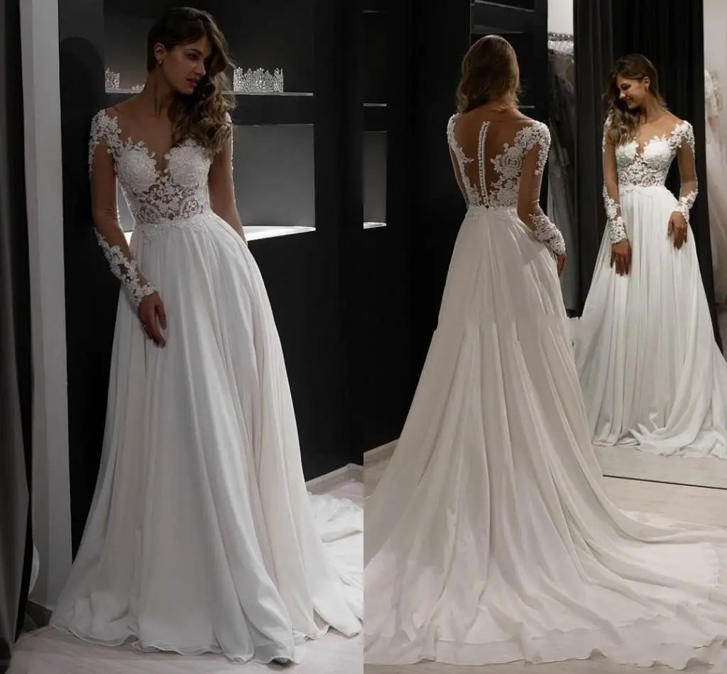 

VENSANAC Boho O Neck Lace Appliques A Line Wedding Dress Illusion Long Sleeve Crystal Sweep Train Bridal Gowns