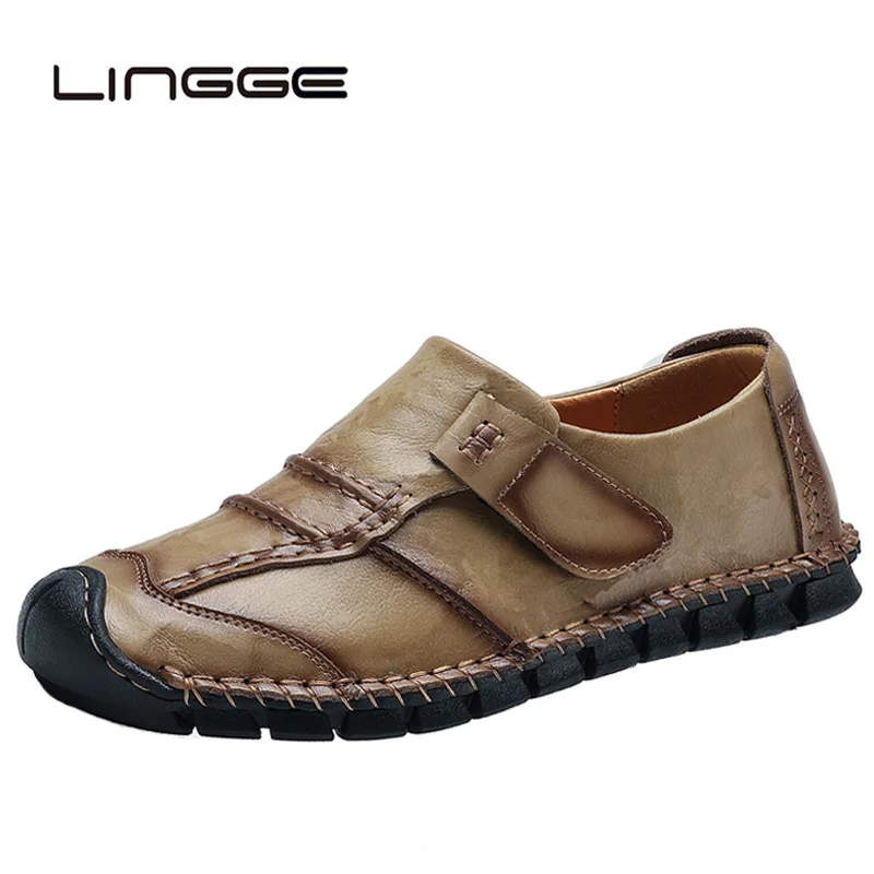 

LINGGE Leather Men Casual Shoes Handmade Moccasins Luxury Brand Rubber Sole Mens Loafers Black Sneakers Formal Shoes Size 48
