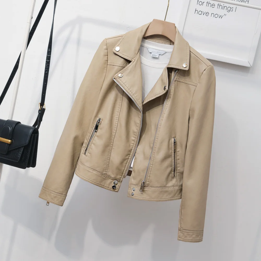 2023 spring new women's simple lapel leather jacket short motorcycle suit leather casual coat