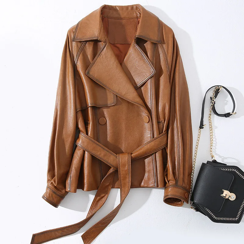 Lady Leather Jacket Genuine Sheepskin Belt Motorcycle Biker Vegetable Tanned Leather Coats Solid 2022 Fashion CL4013