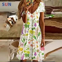 2022 summer womens floral premium print casual dress v neck elegant womens short sleeve knee length dress new loose dress