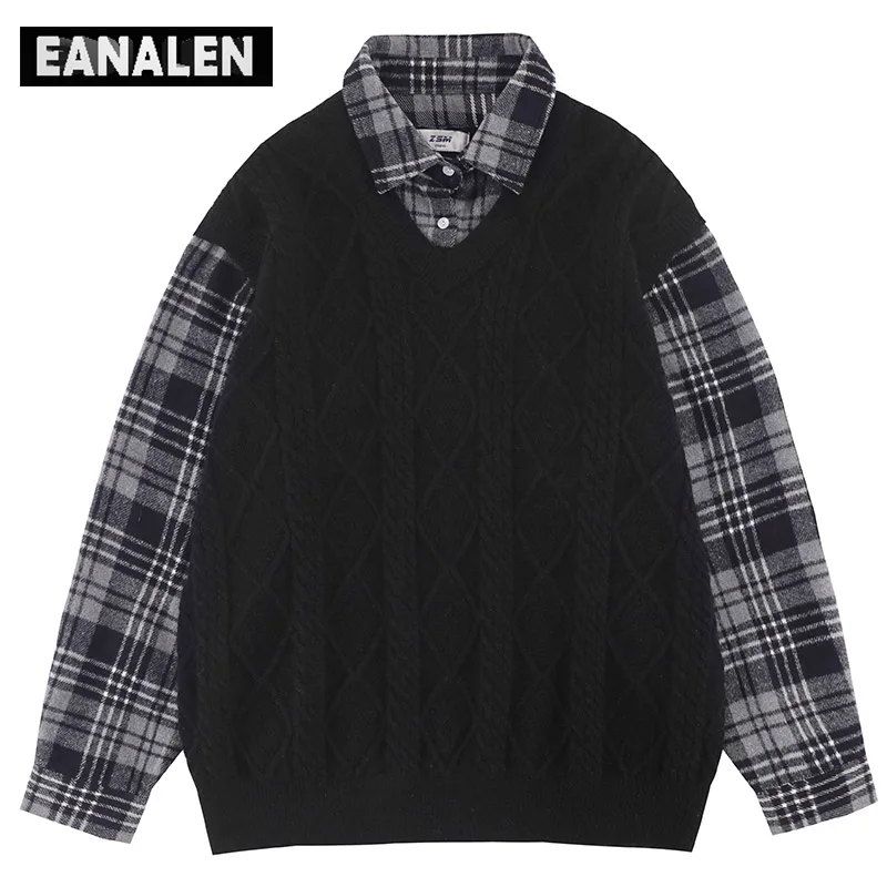 

Harajuku Vintage Fake Two Piece Stitching Sweater Men's Winter Oversized Knit Sweater Casual Retro Grandpa Ugly Sweater Women's