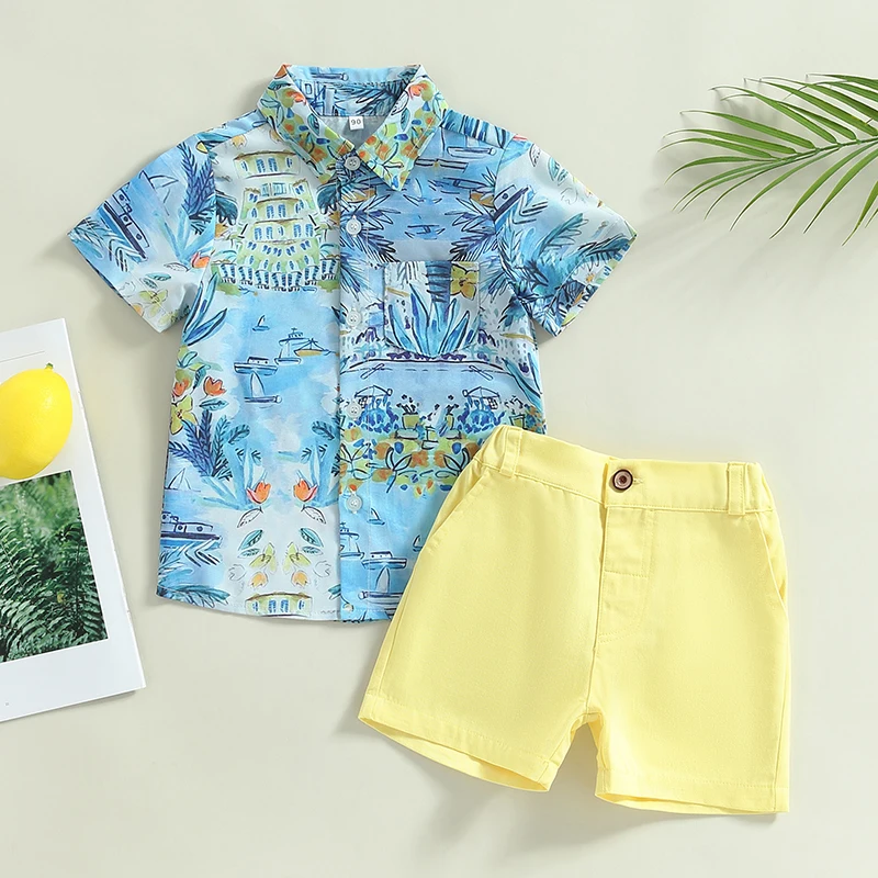 

Женский летний модный костюм-Двойка для мальчиков, голубая летняя рубашка с коротким рукавом и отворотом и пуговицами и повседневные шорты