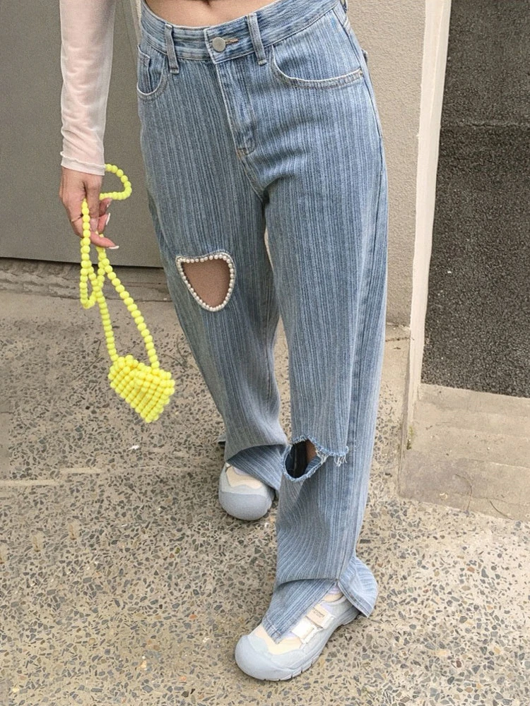 

Tossy Casual Baggy Straight Denim Jeans Ladies Heart High Waist Hollow Out Jeans Women Trousers Ripped Split Wide Leg Pants