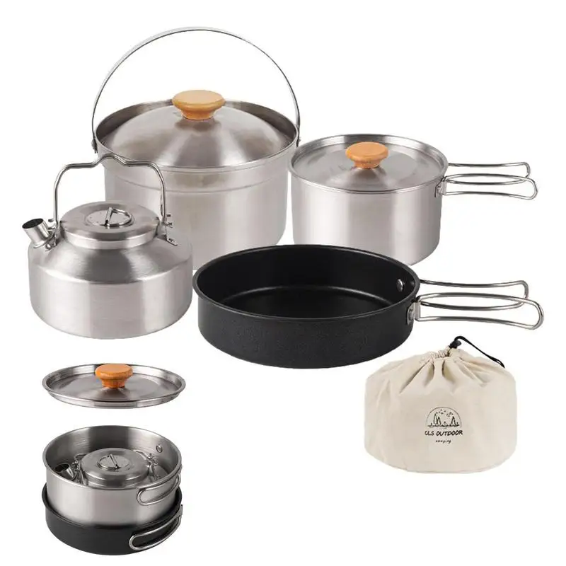 

Camping Pot Pan Set 4pcs Outdoor Cookware Set Stainless Steel Pots And Pans Nonstick Frying Pan For Picnic Mountaineering Hiking