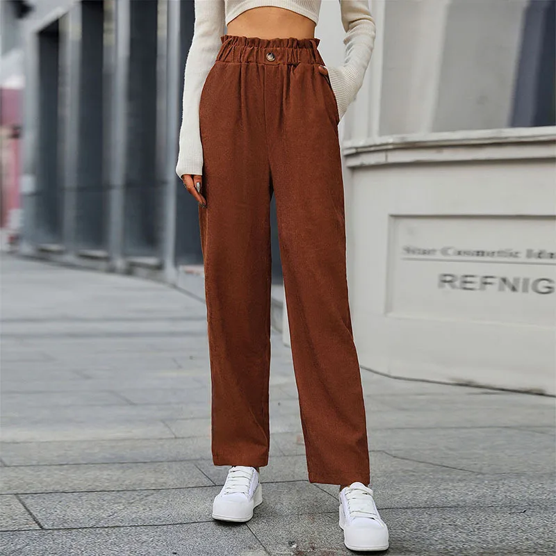 2022 New Autumn and Winter Women's Pants Casual High Waist Elastic Nine-point Pants Commuter Straight Pants