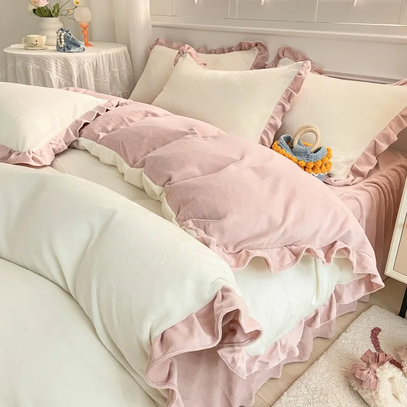 

Cute Lovely Plush Fluffy Milk Velvet King Queen Bedding Set Comforter Duvet Cover Bedsheets Set With Pillows Case 200x230cm