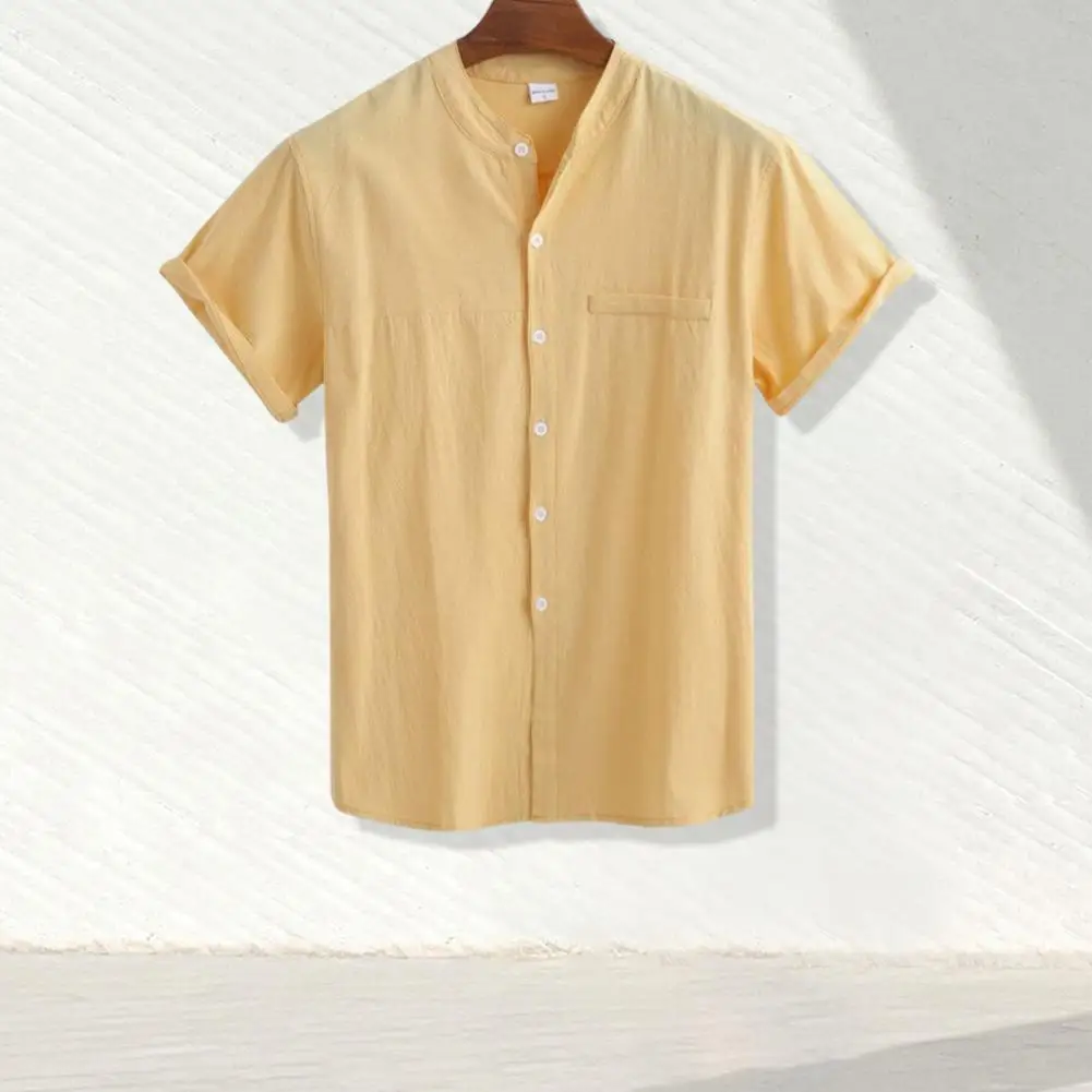 

Men Shirt Simple All Match Cardigan Stand Collar Summer Top Daily Garment