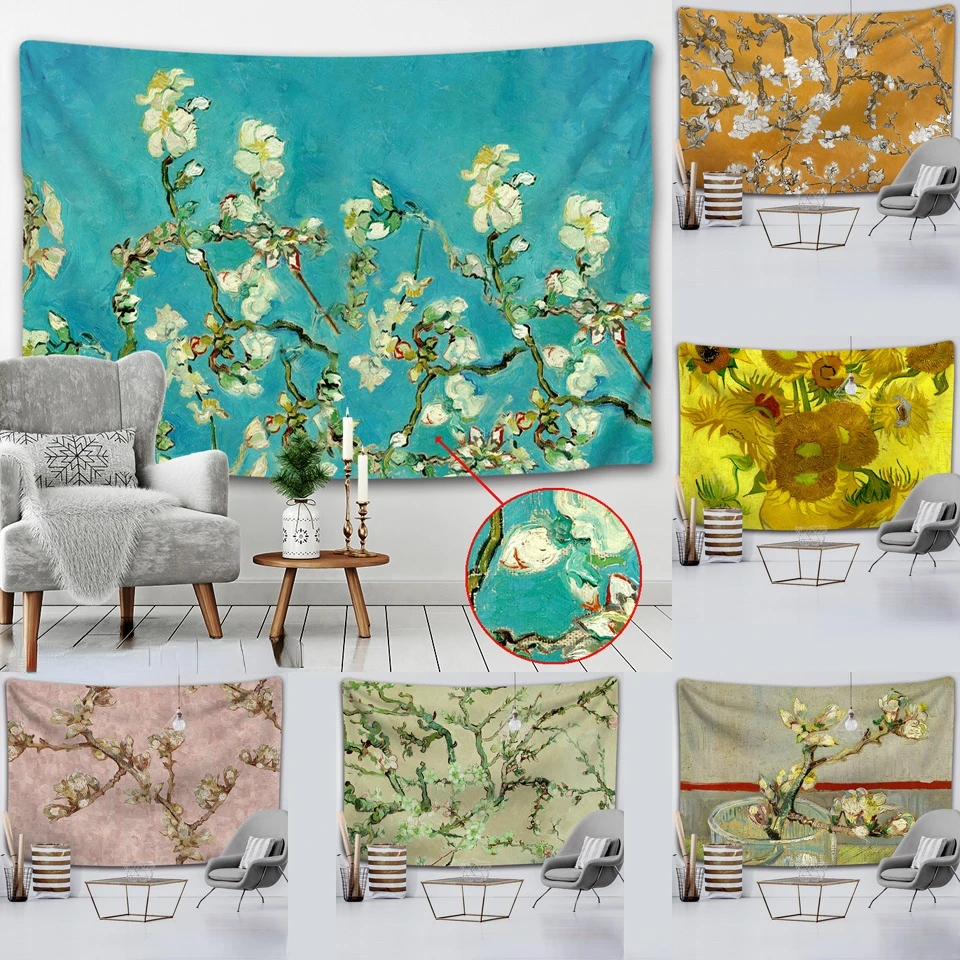 

декор комнаты Картина маслом Ван Гога, цветы миндаля, гобелен, изголовье кровати, настенное художественное покрывало, гобелен для спальни, у...