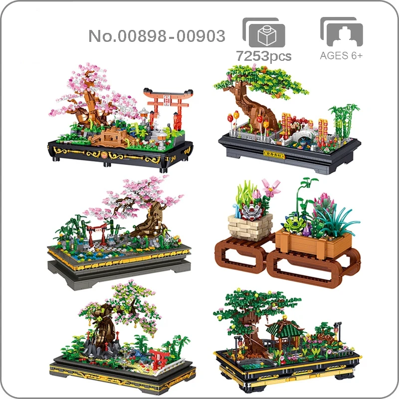 

New Architecture Pot Plant Sakura Peach Pine Pagoda Tree Flower Garden Mini Blocks Bricks Building Toy for Children Gift no Box