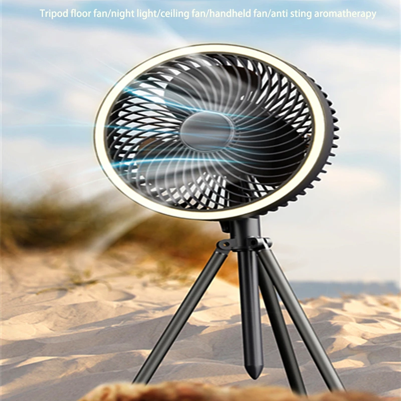 Mini Fan Tripod Desktop Camping Antisting Aromatherapy Outdoor Silent USB Charging Remote Control Ceiling Fan LED Light Cooler