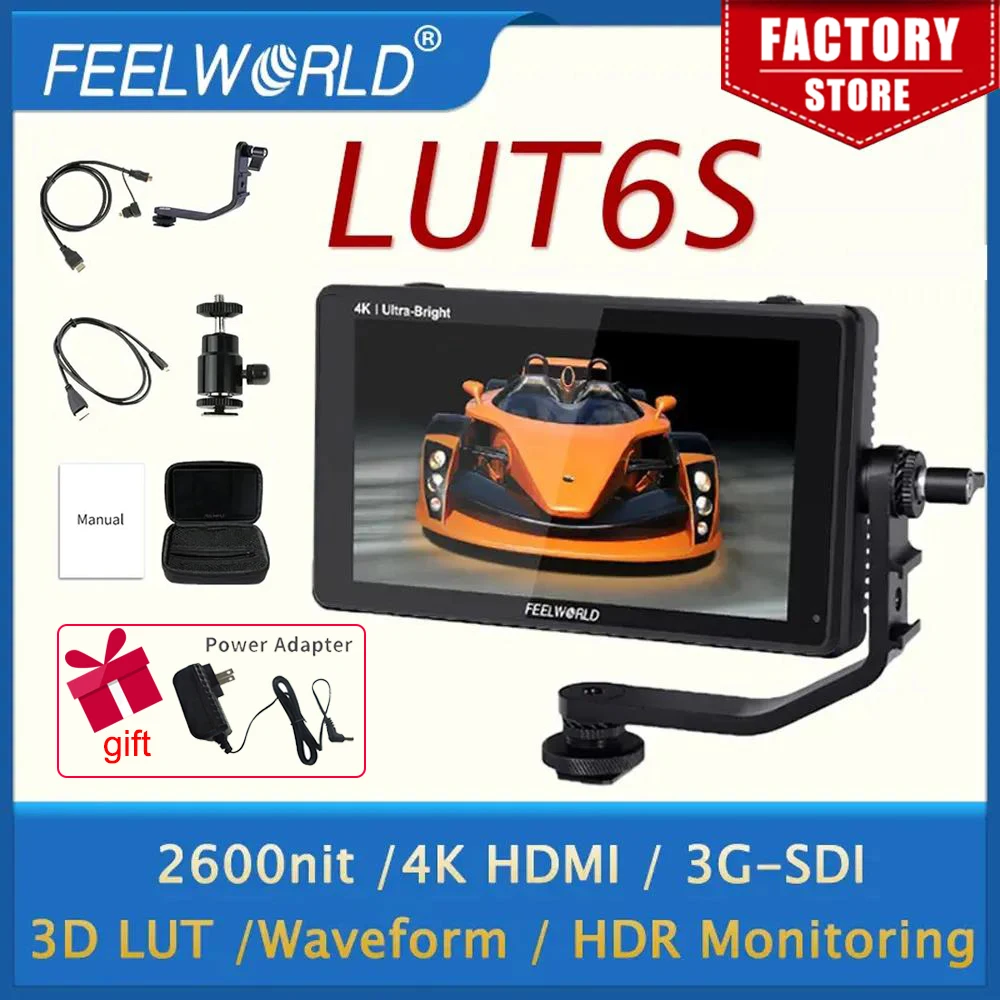 Фото FEELWORLD LUT6S 6-дюймовый 2600 нит HDR/3D LUT сенсорный экран DSLR-камера полевой монитор портативный монитор 3G-SDI 4K HDMI вход выход №1