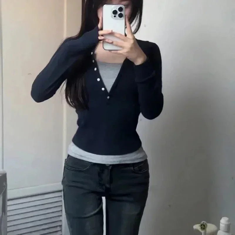 Y2K Fake Two Piece T-Shirt Women Fashion Patchwork Aesthetic Crop Tops Female Spring Summer Slim Fit Long Sleeve Tees