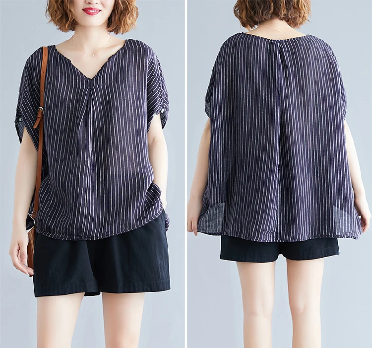 Oladivi Oversized Short Sleeve Cotton Linen Striped Blouses Women Summer 2022 New Casual Loose Shirts Girl Big Tops Tunic Blusas |
