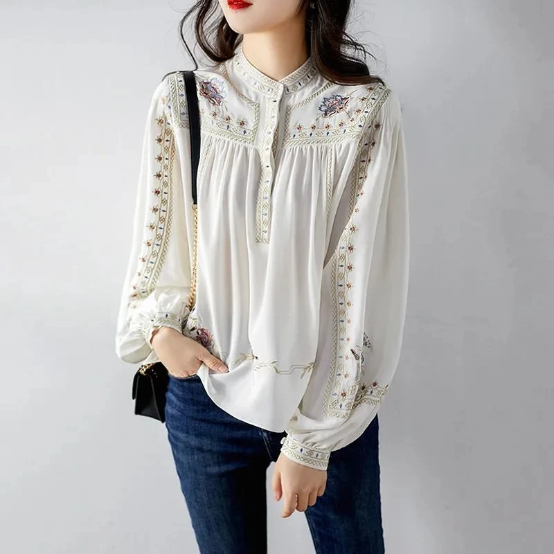 

Fashion Versatile Printed Shirt Women 2022 Spring and Autumn New Stand Collar Bohemian Loose Western Style long sleeves Top 626