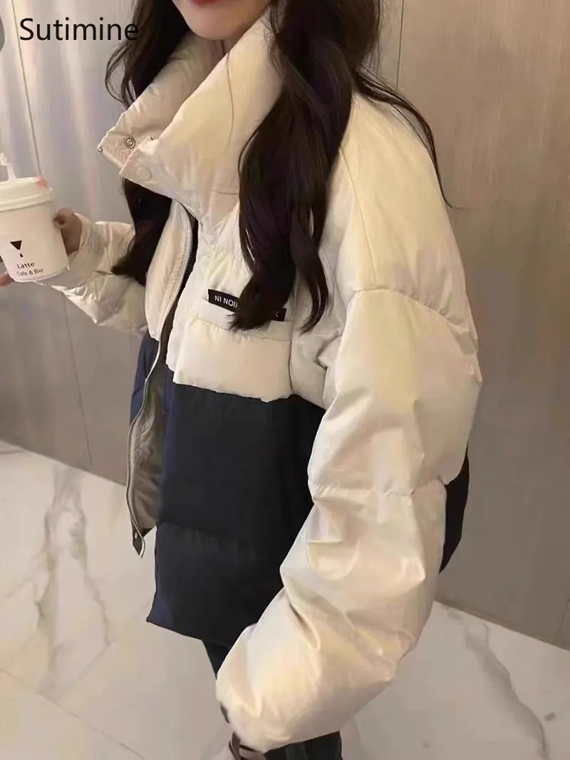 Winter Coat Women Office Lady Button Down Cotton Jacket Women Loose Splicing Color Contrast Cotton Jacket Pockets Winter Coat