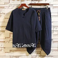 Summer Japanese Style Clothing Set Samurai Man T-shirt Trousers Breathable Chinese Suit Kimono Top Cropped Pants Outfit Harajuku