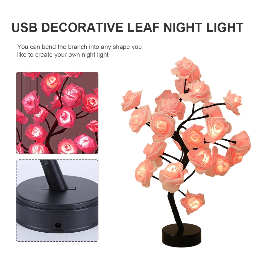 

Creative LED Table Lamp Rose Flower Tree USB Colorful Night Lights Christmas Wedding Bedroom Decoration Gift for Kids Home Deco