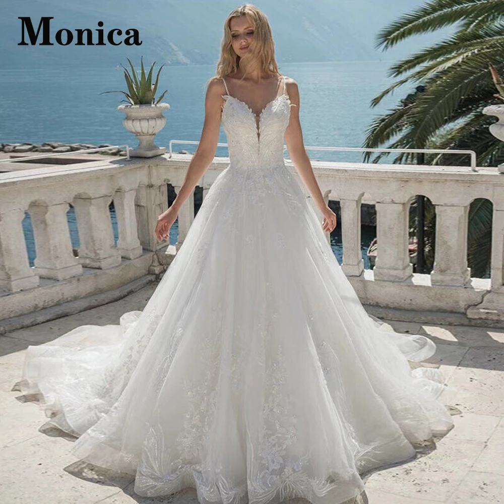 

MONICA Sweetheart Fancy Wedding Dresses For Bride Backless Spaghetti Straps Tulle Appliques Court Train Vestidos De Novia