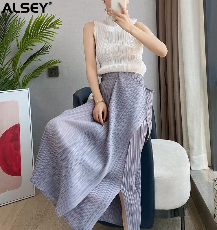 

Плиссированная Однотонная юбка ALSEY Miyake с неравномерной эластичной талией, элегантная Офисная Женская юбка с разрезом, весна-лето