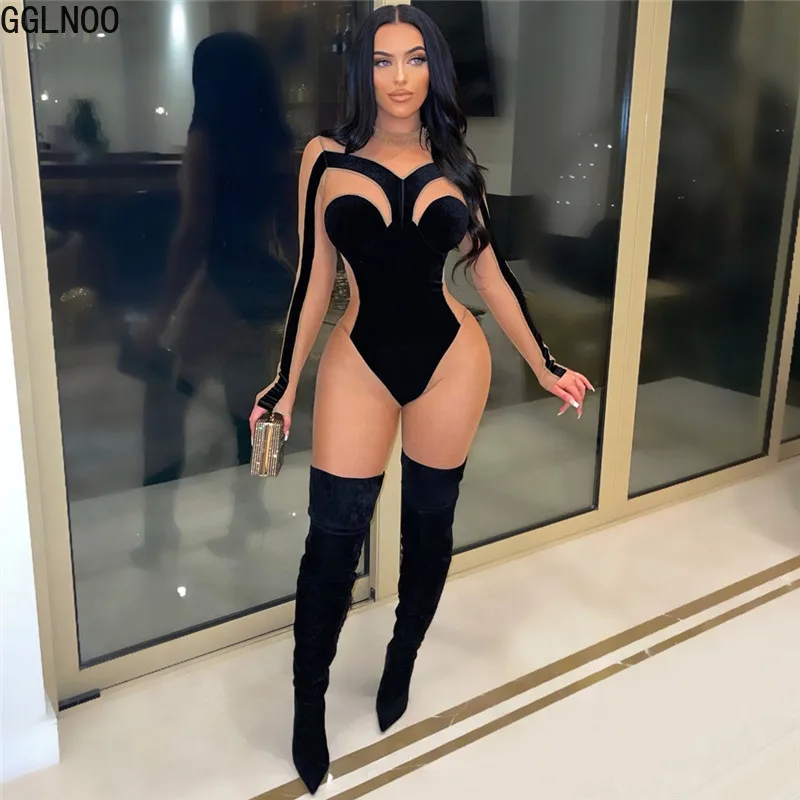 

GGLNOO Sexy Personality Perspective Screen Stitching Velvet One-piece Rompers