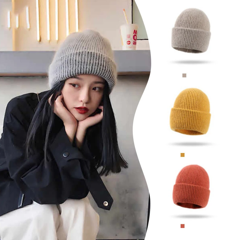 

Korean Style Rabbit Fur Beanie Winter Women Thick Hat Solid Edge Curl Knitted Bonnet Autumn Men Slouchy Warm Ski Cap