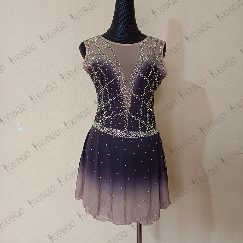 

Women Kids Rhinestone Performance Ballet Rhythmic Gymnastics Competition Leotard Dancewear Dark Purple Ice Figure Skating Dress